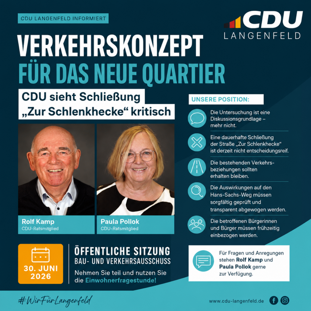 Verkehrskonzept für das neue Quartier: CDU sieht Schließung „Zur Schlenkhecke“ kritisch