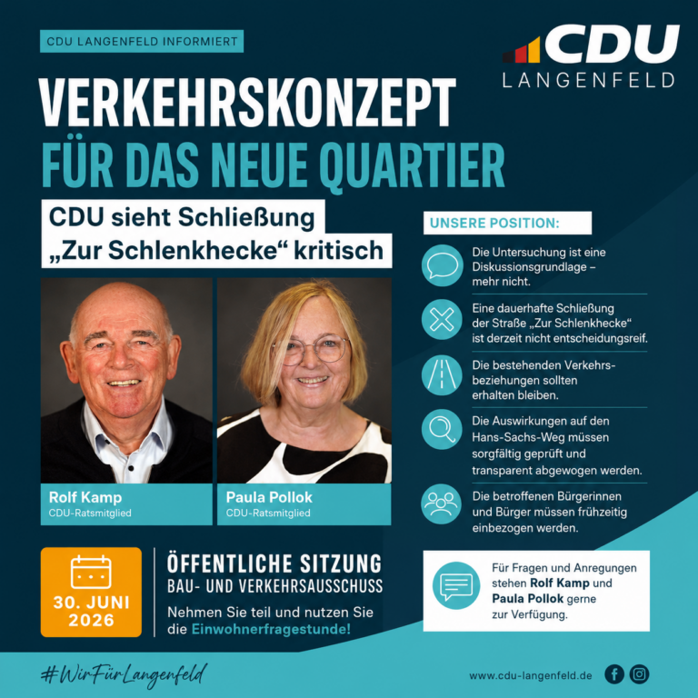Verkehrskonzept für das neue Quartier: CDU sieht Schließung „Zur Schlenkhecke“ kritisch